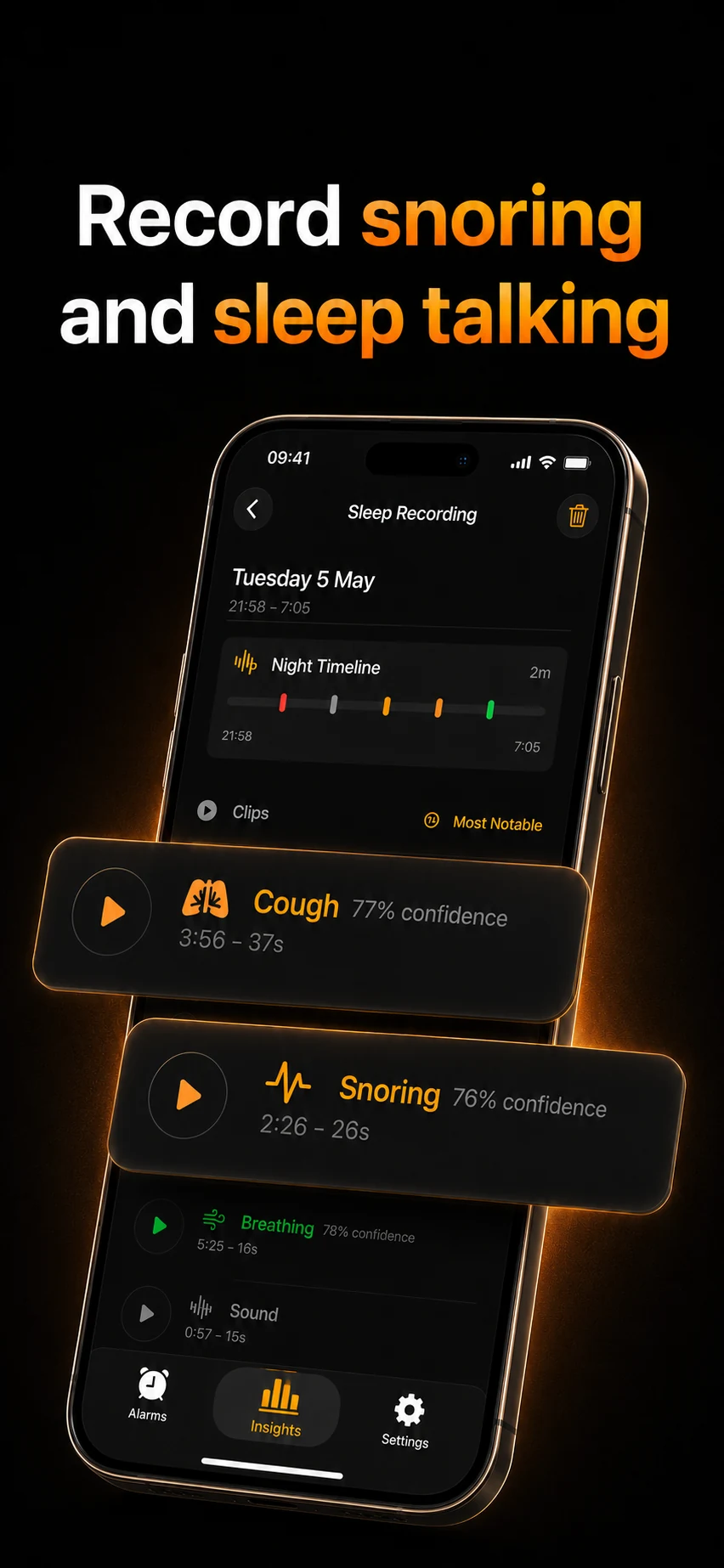Glow Alarm sleep recording screen showing snoring and sleep talking clips