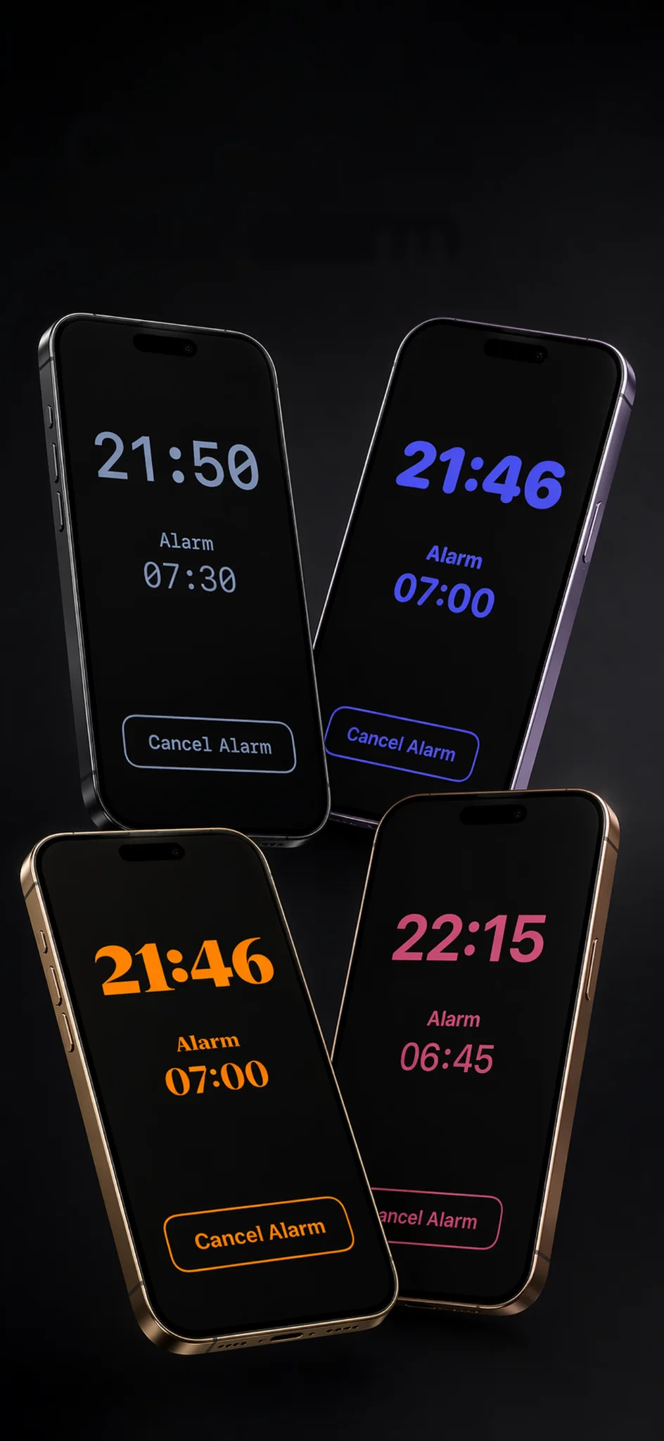 Four iPhones showing different Glow Alarm color styles