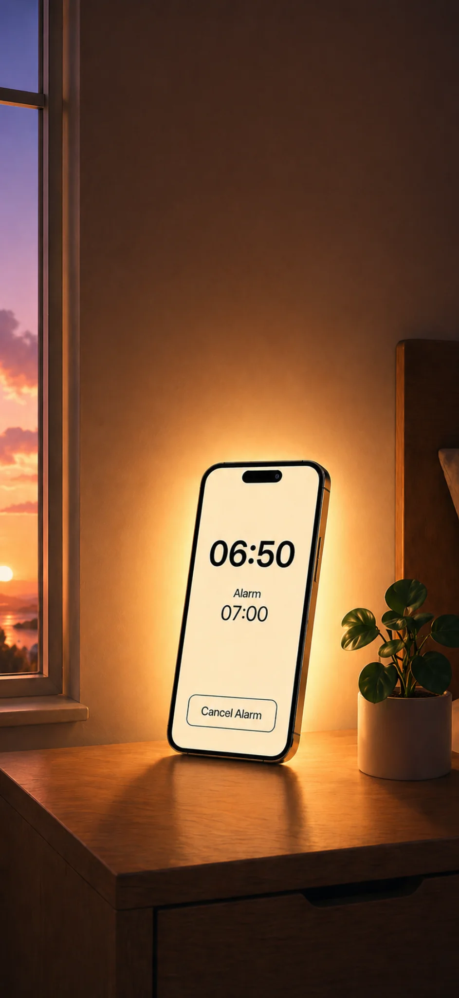 iPhone glowing on a bedside table with a 7:00 alarm